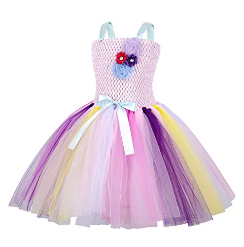 AmzBarley Unicornio Vestidos Cortos Fiesta de Princesa de Tul Tutu con Encaje de Flor sin Mangas para Niña,Disfraz Halloween Princesa con Argolla de Pelo para Boda 8-9 Años