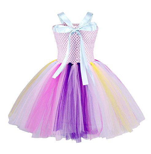 AmzBarley Unicornio Vestidos Cortos Fiesta de Princesa de Tul Tutu con Encaje de Flor sin Mangas para Niña,Disfraz Halloween Princesa con Argolla de Pelo para Boda 8-9 Años
