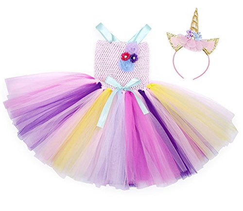 AmzBarley Unicornio Vestidos Cortos Fiesta de Princesa de Tul Tutu con Encaje de Flor sin Mangas para Niña,Disfraz Halloween Princesa con Argolla de Pelo para Boda 8-9 Años