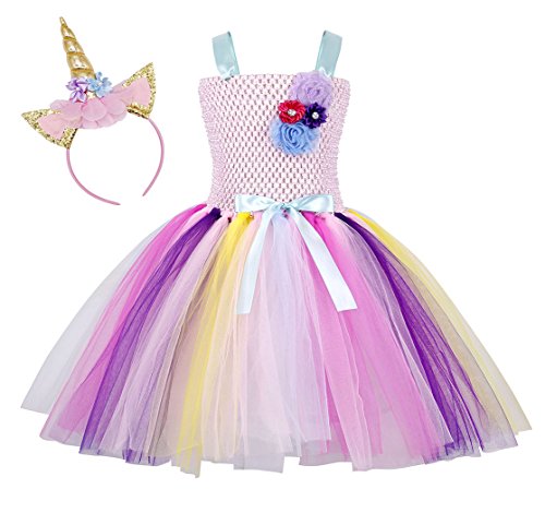 AmzBarley Unicornio Vestidos Cortos Fiesta de Princesa de Tul Tutu con Encaje de Flor sin Mangas para Niña,Disfraz Halloween Princesa con Argolla de Pelo para Boda 8-9 Años