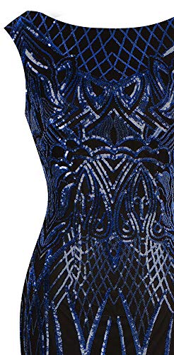 Angel-fashions Mujer Lentejuela Bateau Manga del casquillo Joven a la moda Sirena Vestido de noche (Large, Azul Negro)