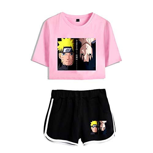 Anime Naruto Nueva Conjuntos Deportivos Hokage 2pcs Crop Top Pantalones Cortos Set Deportiva Camisetas Uchiha Sasuke Haruno Sakura Deportiva Corto T-Shirt Verano para Yoga Fitness Chándales