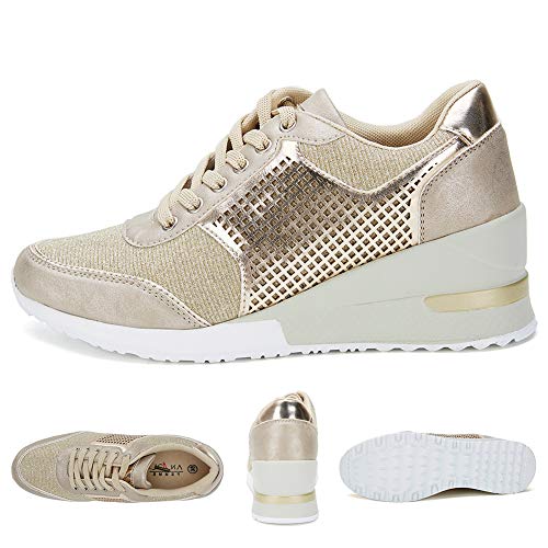 Anjoufemme Zapatillas Deportivas Plataforma Cuña Mujer, Oro (Gold), 39 EU