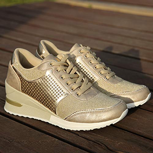 Anjoufemme Zapatillas Deportivas Plataforma Cuña Mujer, Oro (Gold), 39 EU