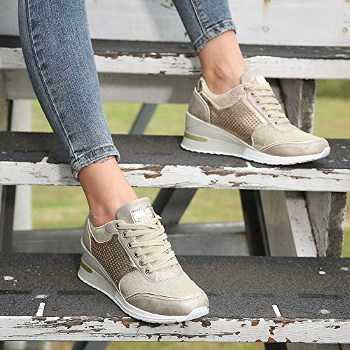 Anjoufemme Zapatillas Deportivas Plataforma Cuña Mujer, Oro (Gold), 39 EU