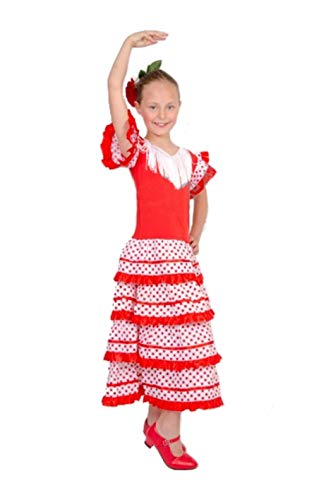 ANUKA Vestido Infantil para la Danza Flamenco o sevillanas (Rojo/Blanco, 6/7 años)