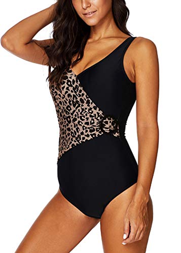 AOQUSSQOA Traje de baño para mujer, diseño de leopardo, sexy, cuello en V, monokini con control de abdomen, talla grande, traje de baño de malla sin espalda para mujer