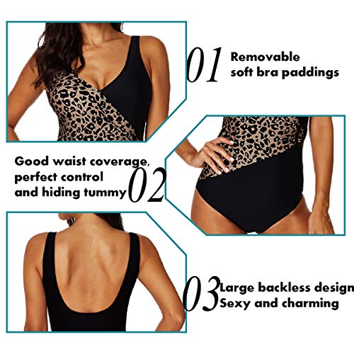 AOQUSSQOA Traje de baño para mujer, diseño de leopardo, sexy, cuello en V, monokini con control de abdomen, talla grande, traje de baño de malla sin espalda para mujer