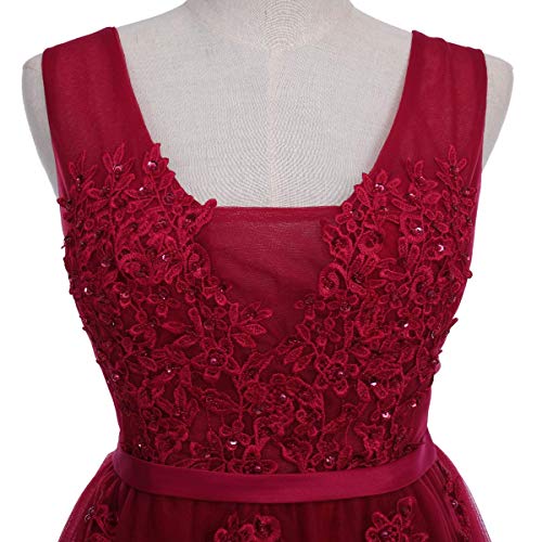 Apliques de Encaje con Cuello en V sin Mangas para Mujer Cuentas de Lentejuelas hasta el Suelo Dama de Honor Vestido Largo de Boda Fiesta de Noche Vestidos de Baile Maxi Vino Tinto EU Size 36