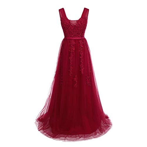 Apliques de Encaje con Cuello en V sin Mangas para Mujer Cuentas de Lentejuelas hasta el Suelo Dama de Honor Vestido Largo de Boda Fiesta de Noche Vestidos de Baile Maxi Vino Tinto EU Size 36
