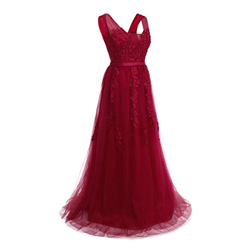 Apliques de Encaje con Cuello en V sin Mangas para Mujer Cuentas de Lentejuelas hasta el Suelo Dama de Honor Vestido Largo de Boda Fiesta de Noche Vestidos de Baile Maxi Vino Tinto EU Size 36
