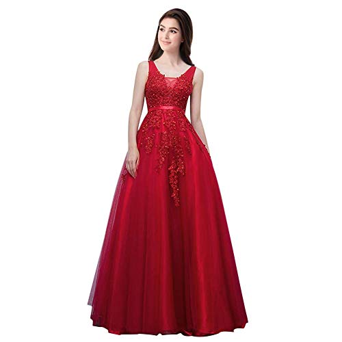 Apliques de Encaje con Cuello en V sin Mangas para Mujer Cuentas de Lentejuelas hasta el Suelo Dama de Honor Vestido Largo de Boda Fiesta de Noche Vestidos de Baile Maxi Vino Tinto EU Size 36