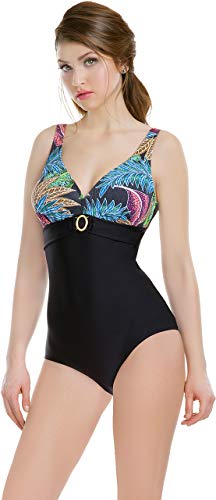 Aqua Speed® Bali Bañador de Mujeres (Tamaños 38-46 Tazas Blandas Una Pieza), Color:07 - Black/Leaves;Tamaño:40