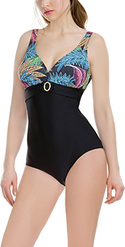 Aqua Speed® Bali Bañador de Mujeres (Tamaños 38-46 Tazas Blandas Una Pieza), Color:07 - Black/Leaves;Tamaño:40