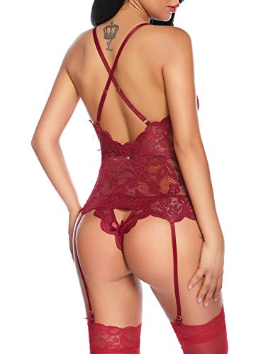 Aranmei Body de Encaje Mujer Conjunto de Lencería Sexy Back Correas Cruzadas Corset Ropa Interior de Cuello en V Profundo sin Medias (Rojo, XX-Large)