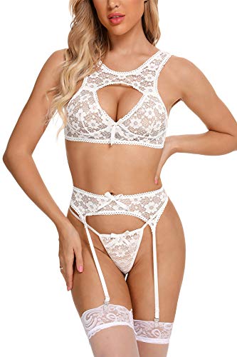 Aranmei Conjunto de Lencería Mujer Sexy Encaje Ropa Interior Push Up Bra Liguero Y Tanga (Blanco, Medium)
