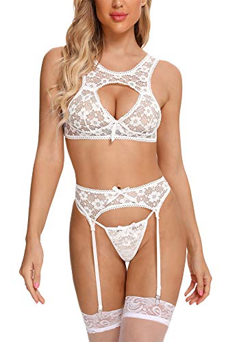 Aranmei Conjunto de Lencería Mujer Sexy Encaje Ropa Interior Push Up Bra Liguero Y Tanga (Blanco, Medium)