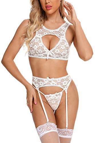 Aranmei Conjunto de Lencería Mujer Sexy Encaje Ropa Interior Push Up Bra Liguero Y Tanga (Blanco, Medium)