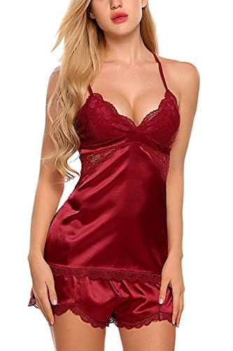 Aranmei Mujer Camisón Conjunto de Lencería 2 Piezas de Satén Costura de Encaje Espalda Cruzada Profundo V Pijama Sexy