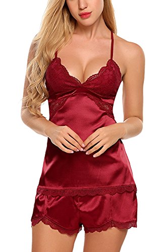 Aranmei Mujer Camisón Conjunto de Lencería 2 Piezas de Satén Costura de Encaje Espalda Cruzada Profundo V Pijama Sexy