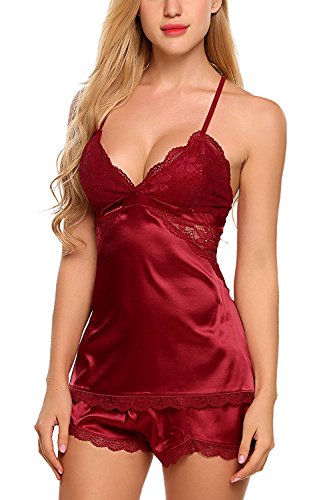 Aranmei Mujer Camisón Conjunto de Lencería 2 Piezas de Satén Costura de Encaje Espalda Cruzada Profundo V Pijama Sexy