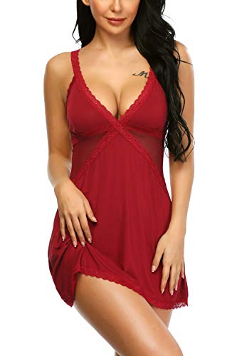 Aranmei Mujeres Sexy Ropa de Dormir Mujeres Sexy Ropa Interior Camisón Babydoll Ropa Interior Traje Correas Ajustables Especias Tentación Ropa de Dormir (Vino Rojo, Size M)