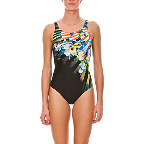 ARENA Flor - Bañador de una Pieza para Mujer, Color Negro (Black, Turquoise, Yellow-Star), Talla 38