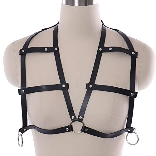 Arnés sujetador Blusas de las mujeres de la ropa interior de piel del cuerpo del pecho del arnés del cinturón de hombro gótica de tiras de metal con los anillos del cuello del halter sin respaldo Cupl