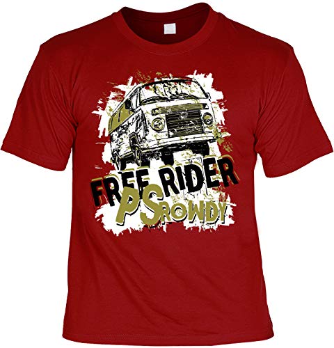 Art & Detail - Camiseta divertida con frases divertidas en inglés "Free Rider PS Rowdy Raudi" rojo oscuro XL