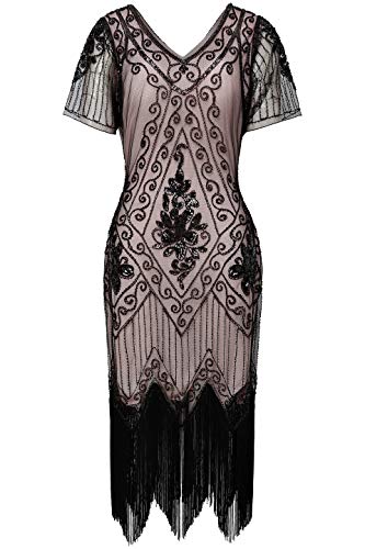 ArtiDeco - Vestido de mujer estilo años 20 con mangas cortas, disfraz de Gatsby para fiestas temáticas Beige negro. M-36/38/40