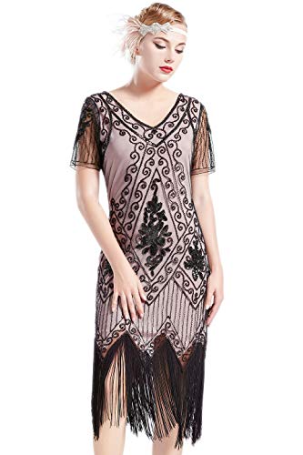 ArtiDeco - Vestido de mujer estilo años 20 con mangas cortas, disfraz de Gatsby para fiestas temáticas Beige negro. M-36/38/40