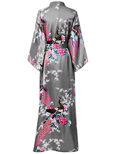 ArtiDeco Vestido Kimono Pijama de Seda Bata Novia Kimono de Seda Ropa de dormir de Satén Estampado Pavo Real