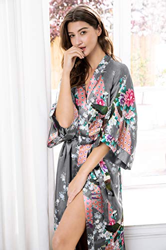 ArtiDeco Vestido Kimono Pijama de Seda Bata Novia Kimono de Seda Ropa de dormir de Satén Estampado Pavo Real