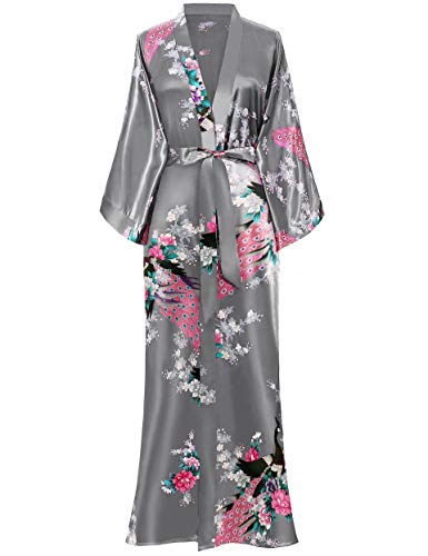 ArtiDeco Vestido Kimono Pijama de Seda Bata Novia Kimono de Seda Ropa de dormir de Satén Estampado Pavo Real