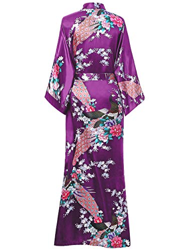ArtiDeco Vestido Kimono Pijama de Seda Novia Kimono de Seda Ropa de Dormir de Satén Estampado Pavo Real