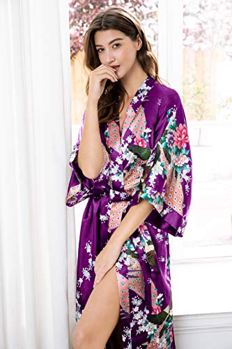 ArtiDeco Vestido Kimono Pijama de Seda Novia Kimono de Seda Ropa de Dormir de Satén Estampado Pavo Real