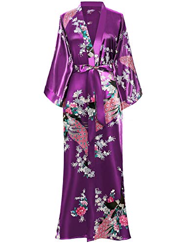 ArtiDeco Vestido Kimono Pijama de Seda Novia Kimono de Seda Ropa de Dormir de Satén Estampado Pavo Real