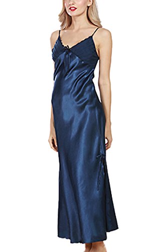 Asskyus Camisón Largo de Encaje de lencería de satén de Las Mujeres (XXXL, Azul Marino)