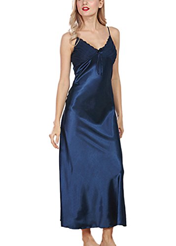 Asskyus Camisón Largo de Encaje de lencería de satén de Las Mujeres (XXXL, Azul Marino)