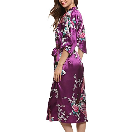Asskyus Traje de Kimono de Robe Largo del sueño de Las Mujeres, Albornoz del Pavo Real y Flores del Traje Floral (M, Púrpura)