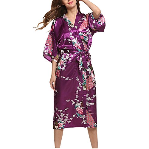 Asskyus Traje de Kimono de Robe Largo del sueño de Las Mujeres, Albornoz del Pavo Real y Flores del Traje Floral (XXXL, Púrpura)