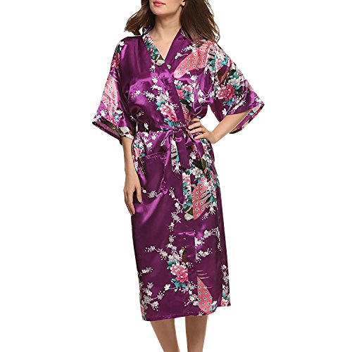 Asskyus Traje de Kimono de Robe Largo del sueño de Las Mujeres, Albornoz del Pavo Real y Flores del Traje Floral (XXXL, Púrpura)