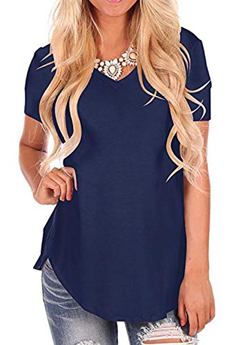Aswinfon Camiseta de Mujer Talla Grande Verano Suelto Cuello en V Manga Corta Casual Túnica fluida Camiseta Top Top (Marino, XL)