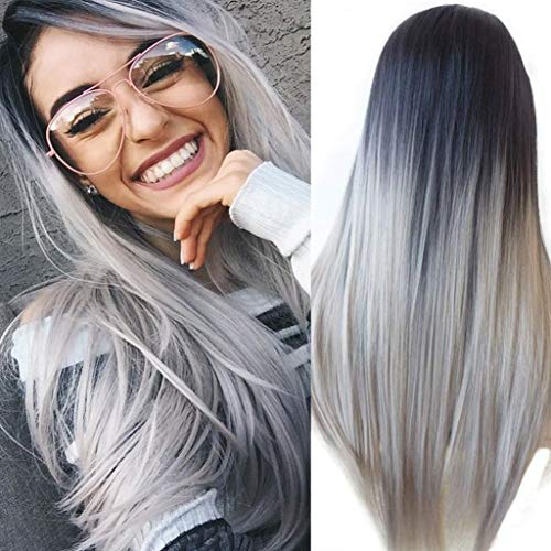ATAYOU-WIG 2 tonos de variación de color longitud media larga sintéticas pelucas mujer (Negro gris degradado)