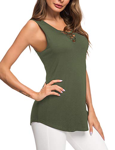 AUSELILY Camiseta Casual de Manga Larga para Mujer Camiseta básica con Cuello en V Cruzada(Ejercito Verde,38)