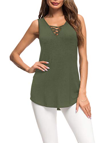 AUSELILY Camiseta Casual de Manga Larga para Mujer Camiseta básica con Cuello en V Cruzada(Ejercito Verde,38)