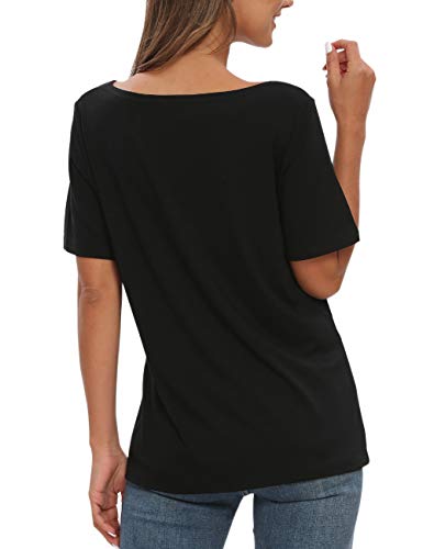 AUSELILY Camisetas de Manga Corta para Mujer Blusas Tops de túnica con Bloques de Color Patchwork.(Negro Rojo,40-44)