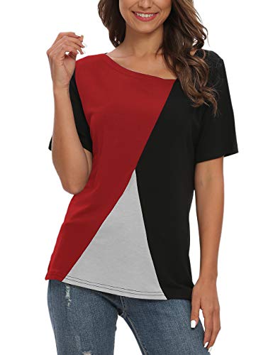 AUSELILY Camisetas de Manga Corta para Mujer Blusas Tops de túnica con Bloques de Color Patchwork.(Negro Rojo,40-44)