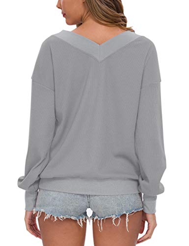AUSELILY - Jersey de Punto para Mujer, Cuello en V, Manga Larga, Informal, sin Hombros.(EU 40-42,Gris Claro)