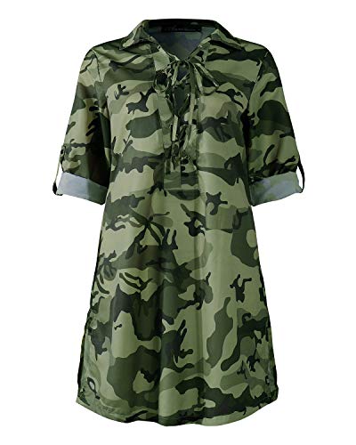 Auxo Camisa de Mujer Larga Elegante Camisas Camuflaje de Manga Larga Escote V con Cordones Mini Vestido Sexy Blusa Tallas Grandes Tunica Shirt 04-Camuflaje Verde XXL